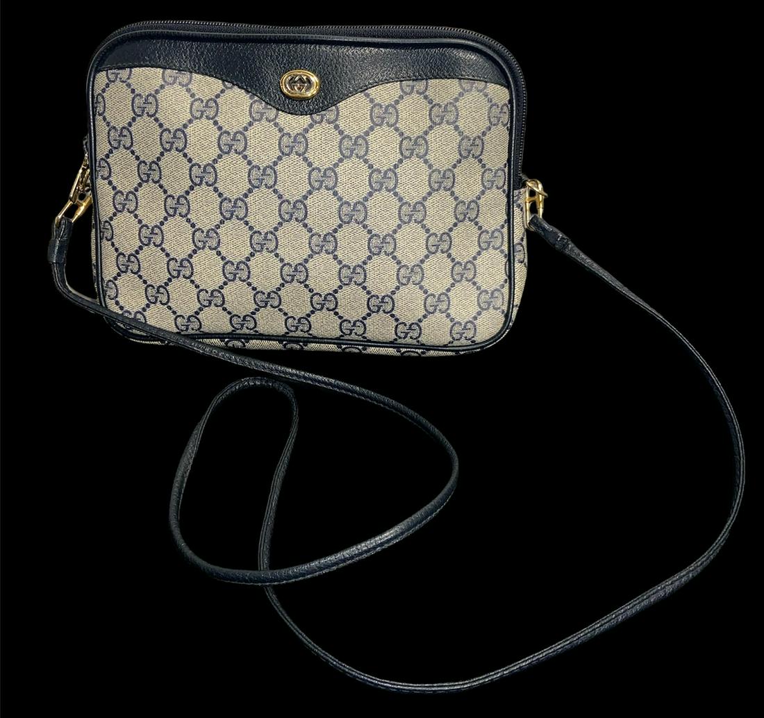 Vintage GUCCI Beige and Blue GG Monogram Crossbody Shoulder Bag: 9.5in W x 7.5in L x 2in D, 45in total strap length. Serial number 97.02.068