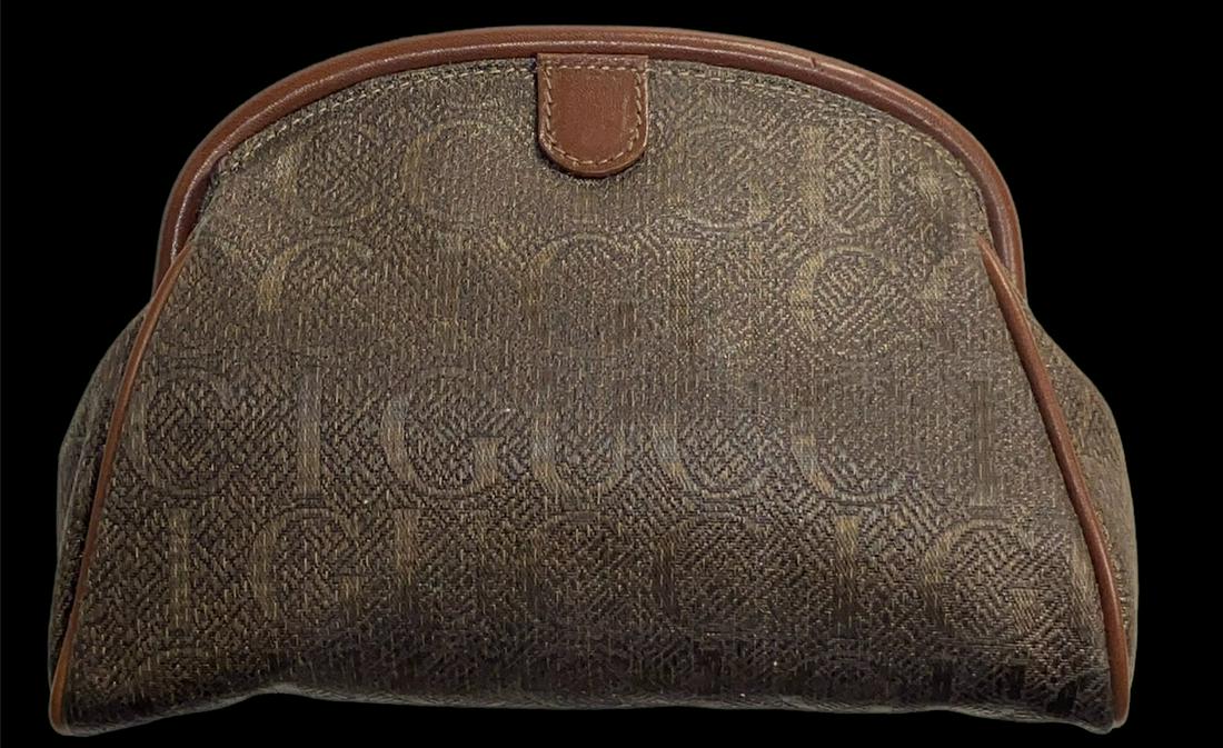 Vintage GUCCI Brown Leather Mini Cosmetics Bag: 8in W x 5.5in L x 2in D. Serial number 039.416.0220