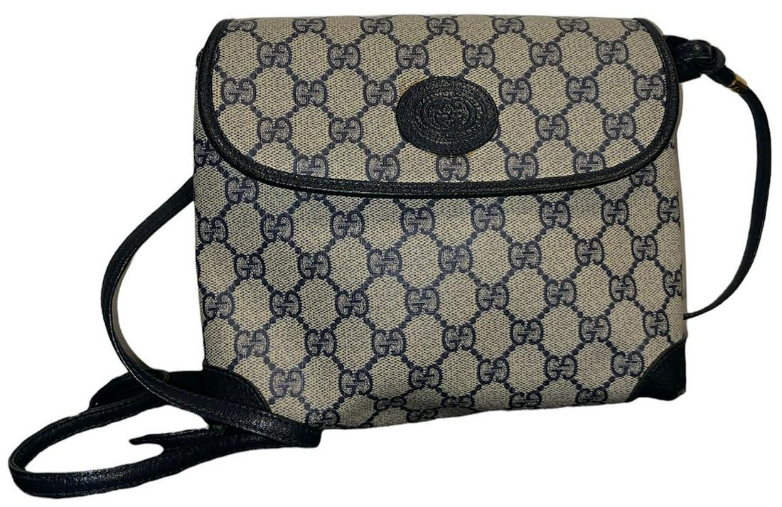 Vintage GUCCI Grey and Blue GG Monogram Crossbody Flap Bag: 9in W x 8in L x 3in D, 22in strap drop. Serial number 007.123.0087