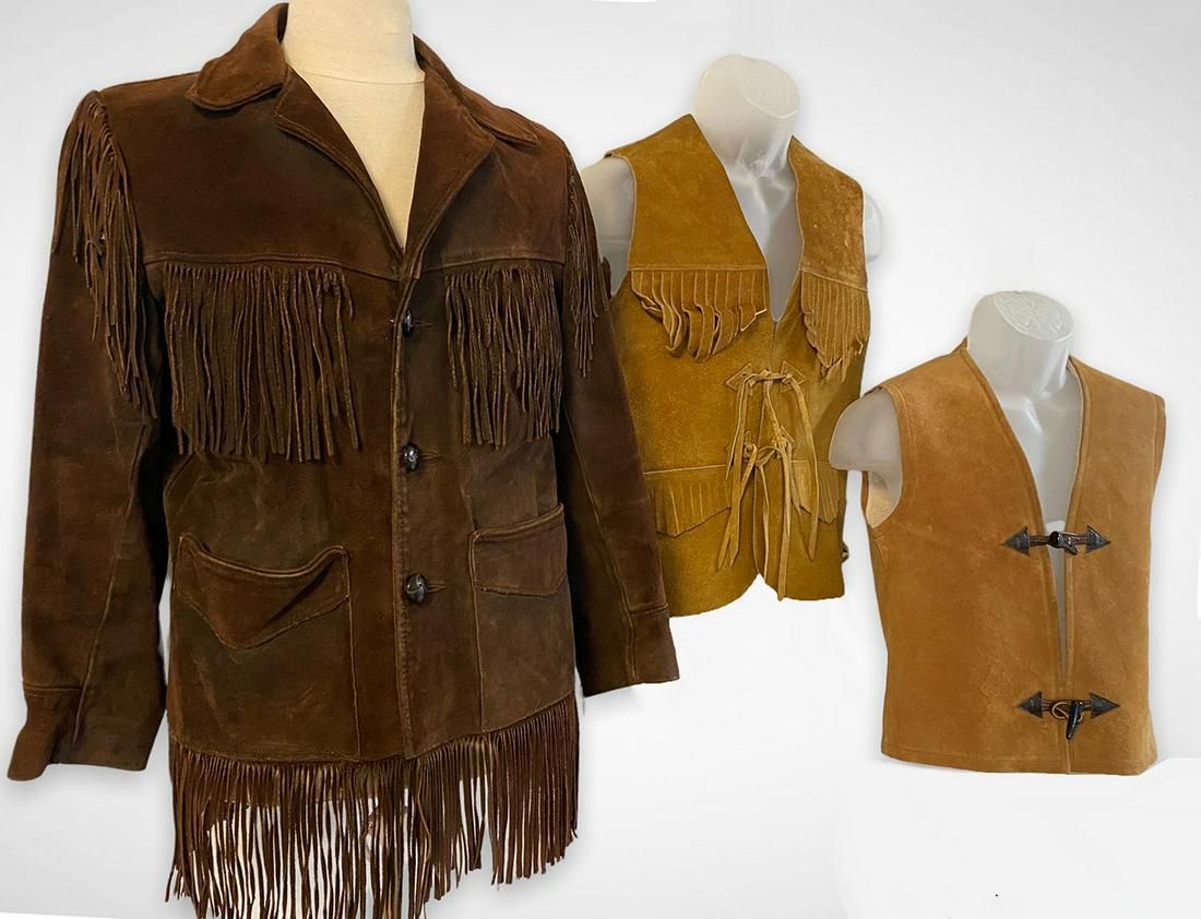 Men's Vintage Fringe Suede Jacket Vest Collection: 20in across chest, 30in long jacket but fringe is 5in longer