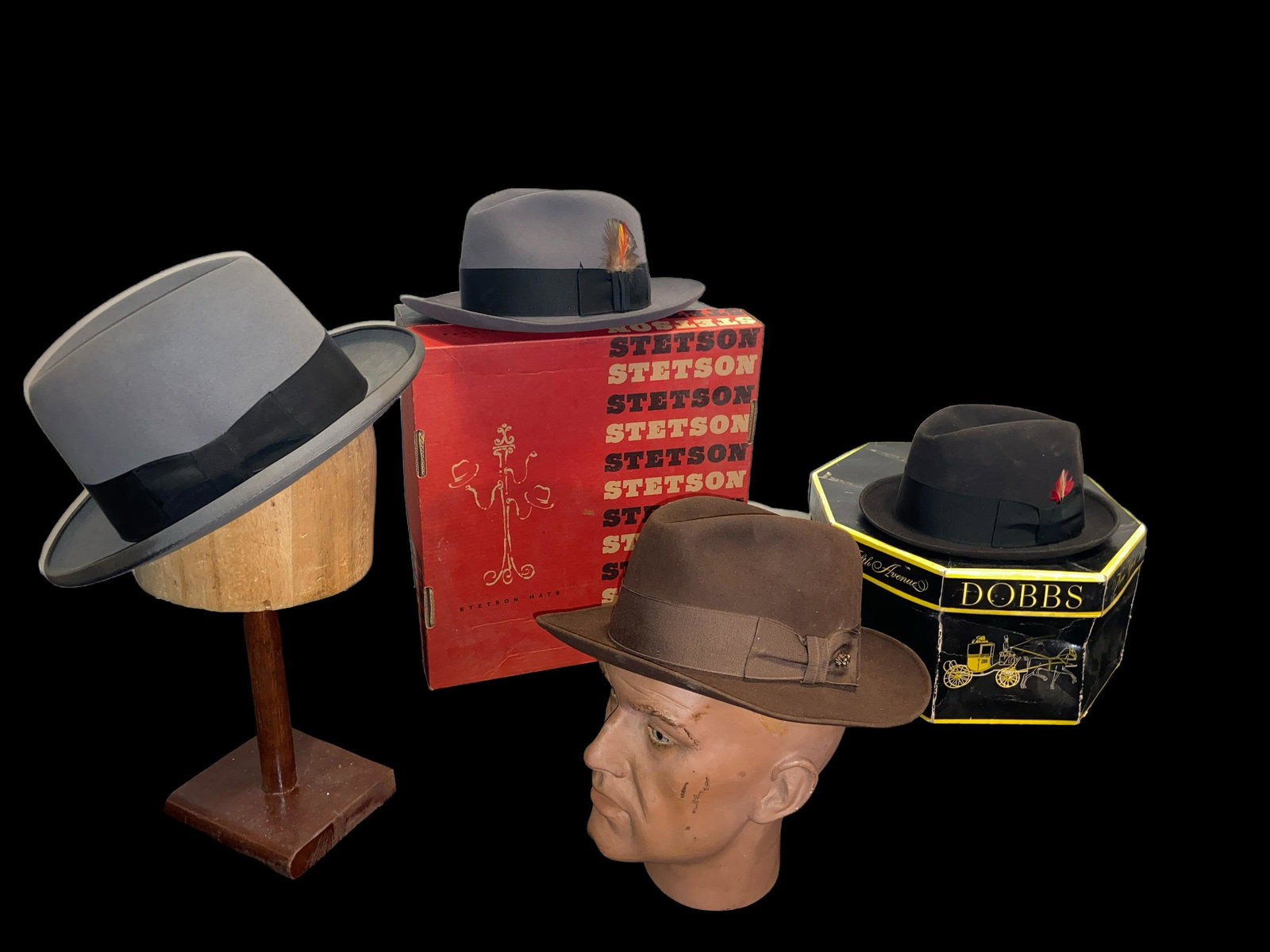 Vintage Men's Wool Fedora Hats STETSON DOBB: Stetson w box 7 3/8, Dobbs not in box 7 3/8 , Stetson 7 3/8,