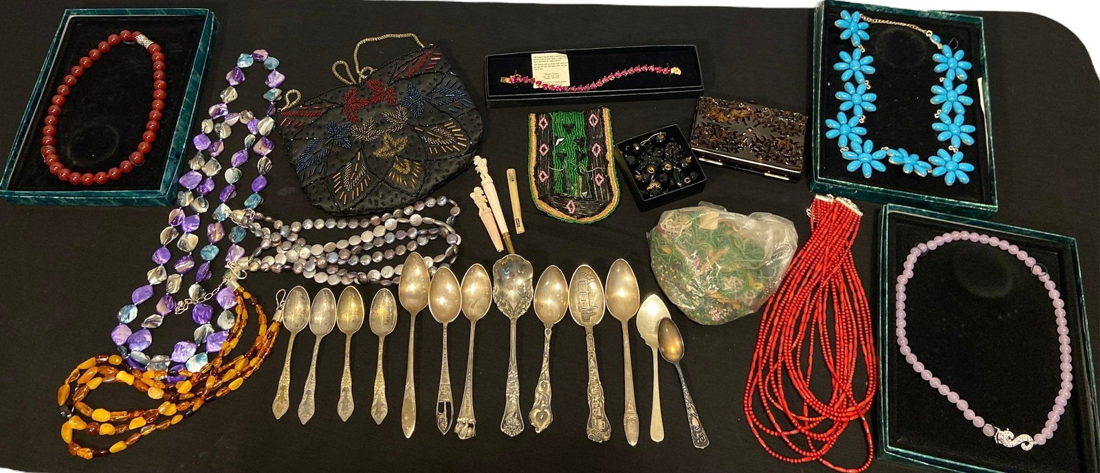 Collection Playboy Bunny Ardith Scott's Vintage Jewelry Sterling Spoons: 15in Suzanne Sommers necklace, some sterling spoons