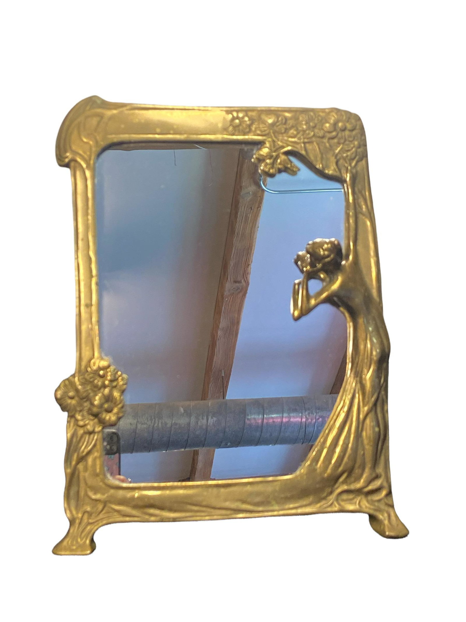 Art Nouveau Brass Figural Lady Mirror: 9.25in wide x 12.5 H