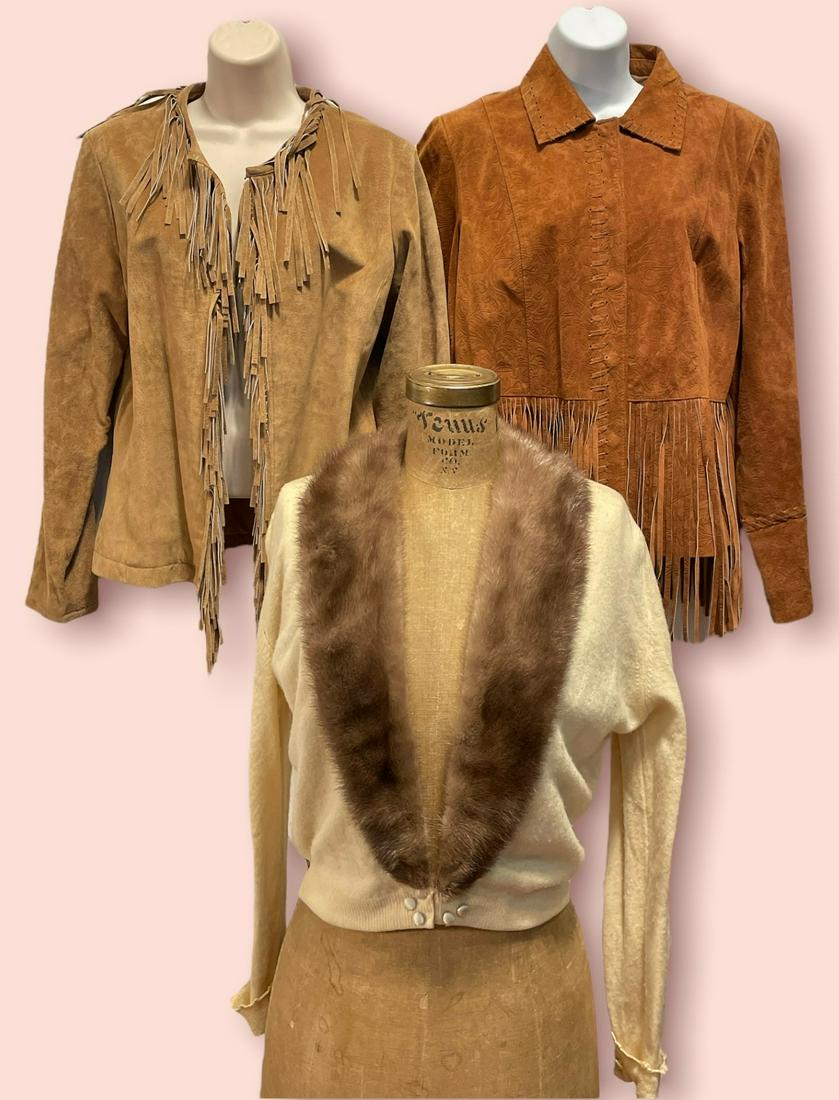 Collection Vintage 1970s Womens Jackets Suede Fringe Fur: 18 in chest, 18 in waist, sleeve is 23 in L