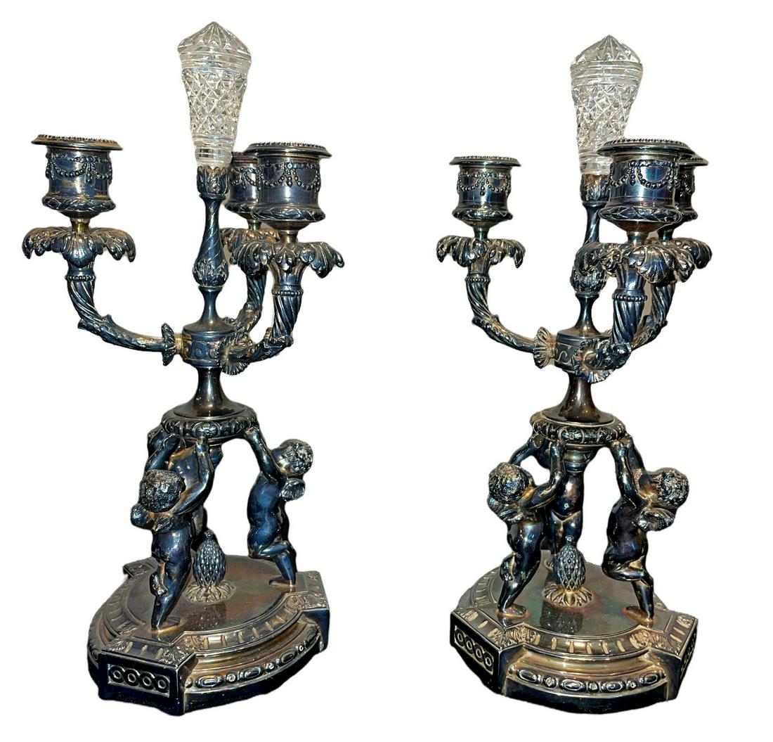 Pair PAIRPOINT Ornate Silverplate Cherub Candelabras Candle Holders: both measure 13in H x 6in DIA