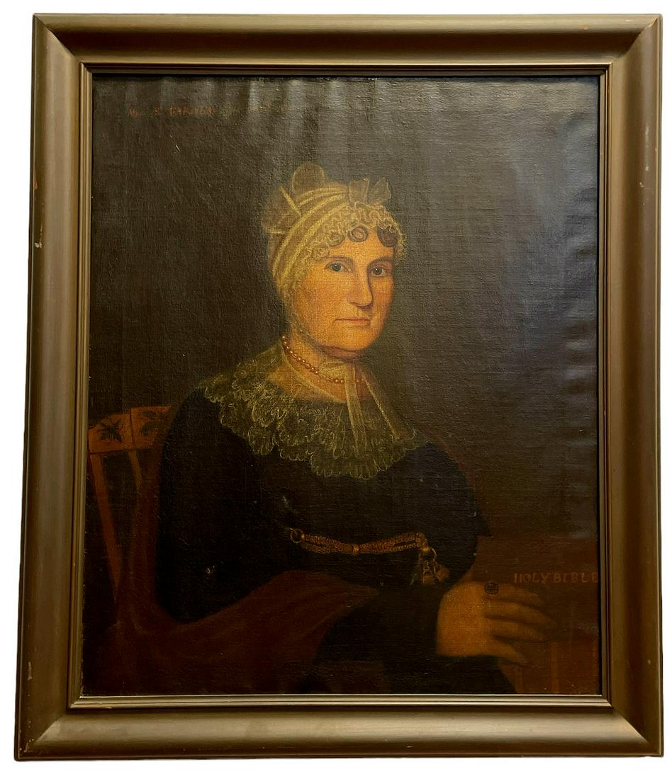 Large DAR 19th Century MARY VARNUM Oil on Canvas: 30 in W in frame x 36 in H, 24.5 in W x 30 in H just the portrait. Mary "Molly" Varnum, wife of Joseph Bradley Varnum, veteran of the American Revolution, senator and speaker of the House, to name a f
