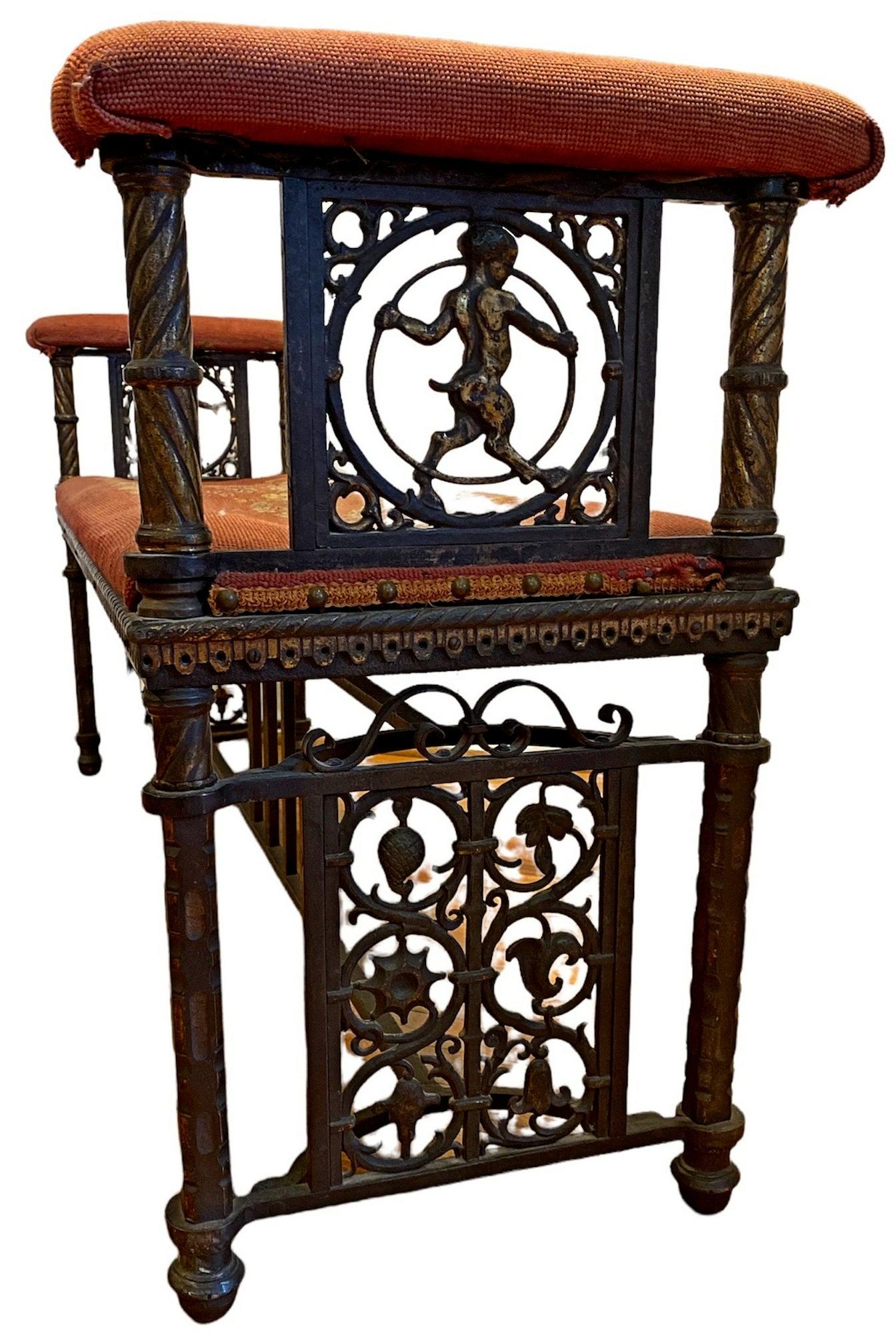 After OSCAR BACH Early 20th C Bronze & Brass Bench w Satyr / Faun Figure: 54.5in L x 15.5 in W x 28in H The bench is in overall very good condition, being very stable and sturdy. There does not appear to be anything missing. The screws that hold each of the arm rests are no