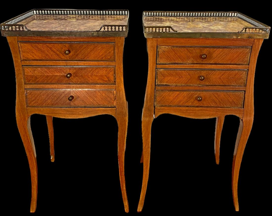Antique Inlaid Marble Top End Tables: 27.25 T to marble 28in to top of gallery, 14.25in W x 11in deep