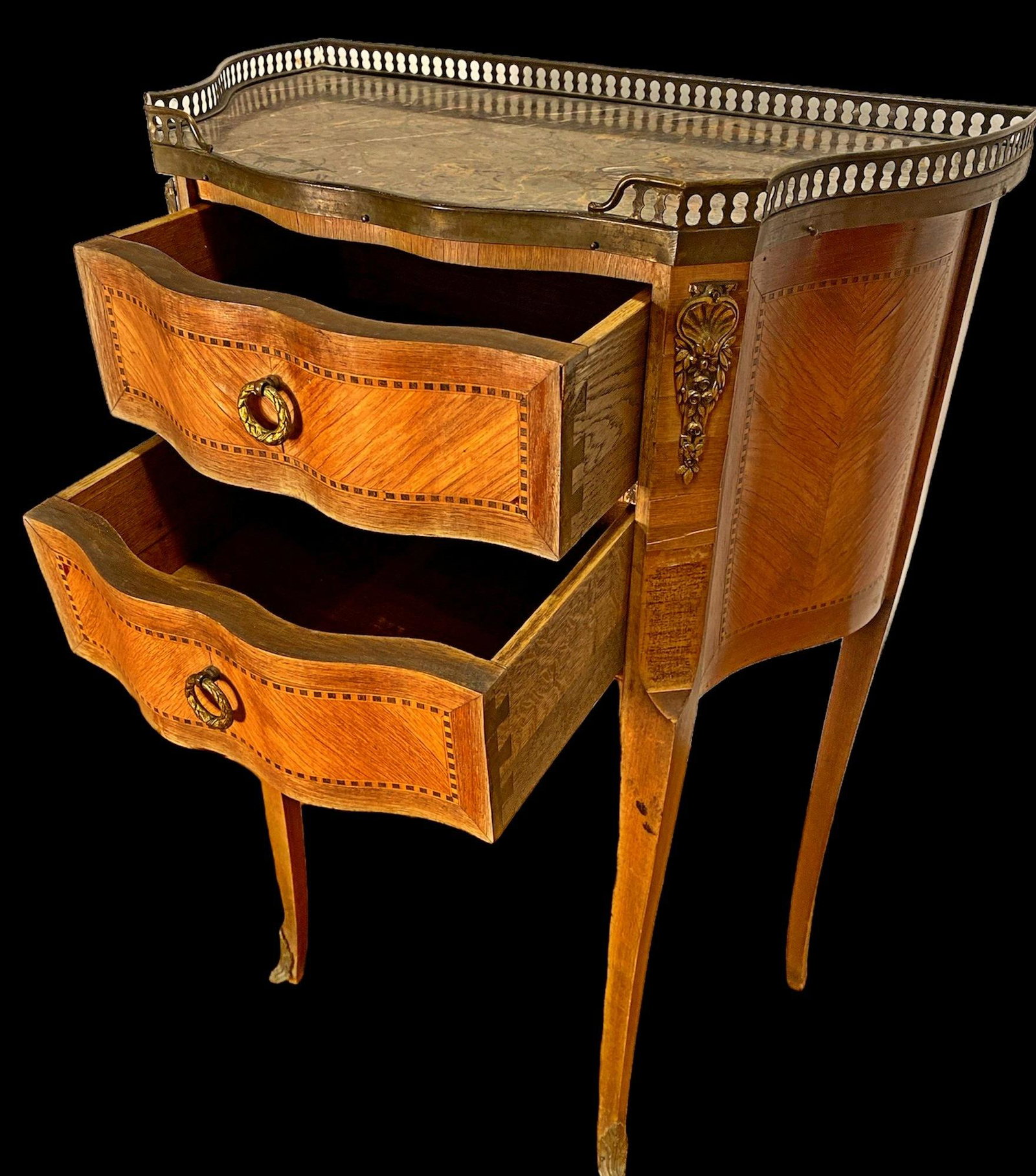 Antique Inlaid Marble Top Nightstand: 28.75 T to marble 29.5 to top of gallery, 19.75 Long, 11.25 Deep