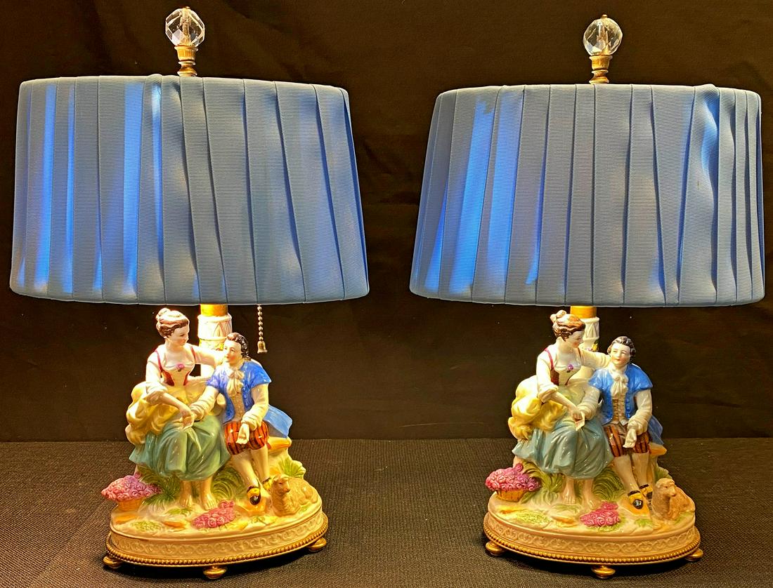 Pair Capodimonte Style Boudoir Lamps: 17in Tall x 10.5 W x 6.5in L