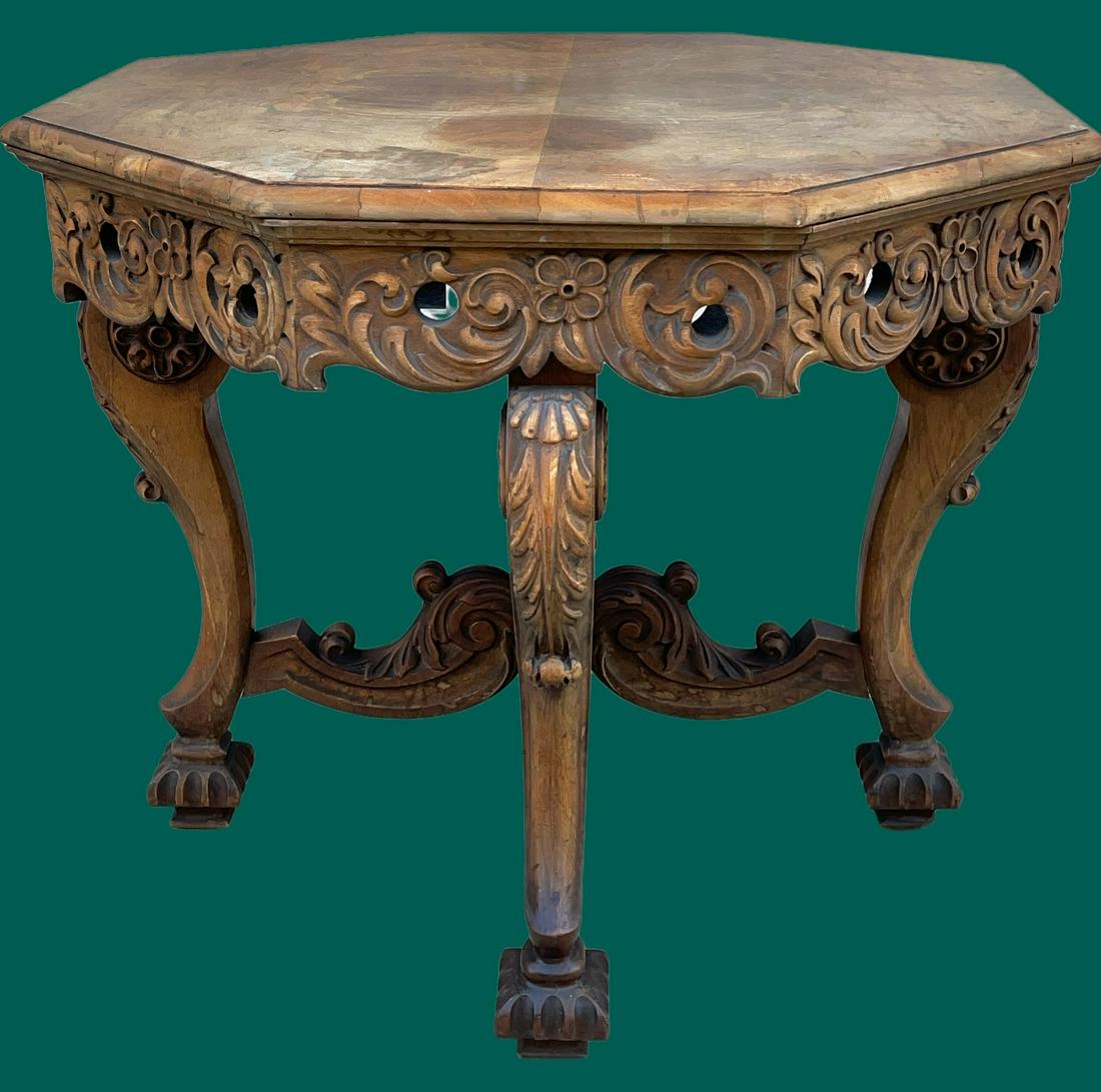 1920's Walnut Heavily Carved Octagon Table: 30in H x 38in DIA