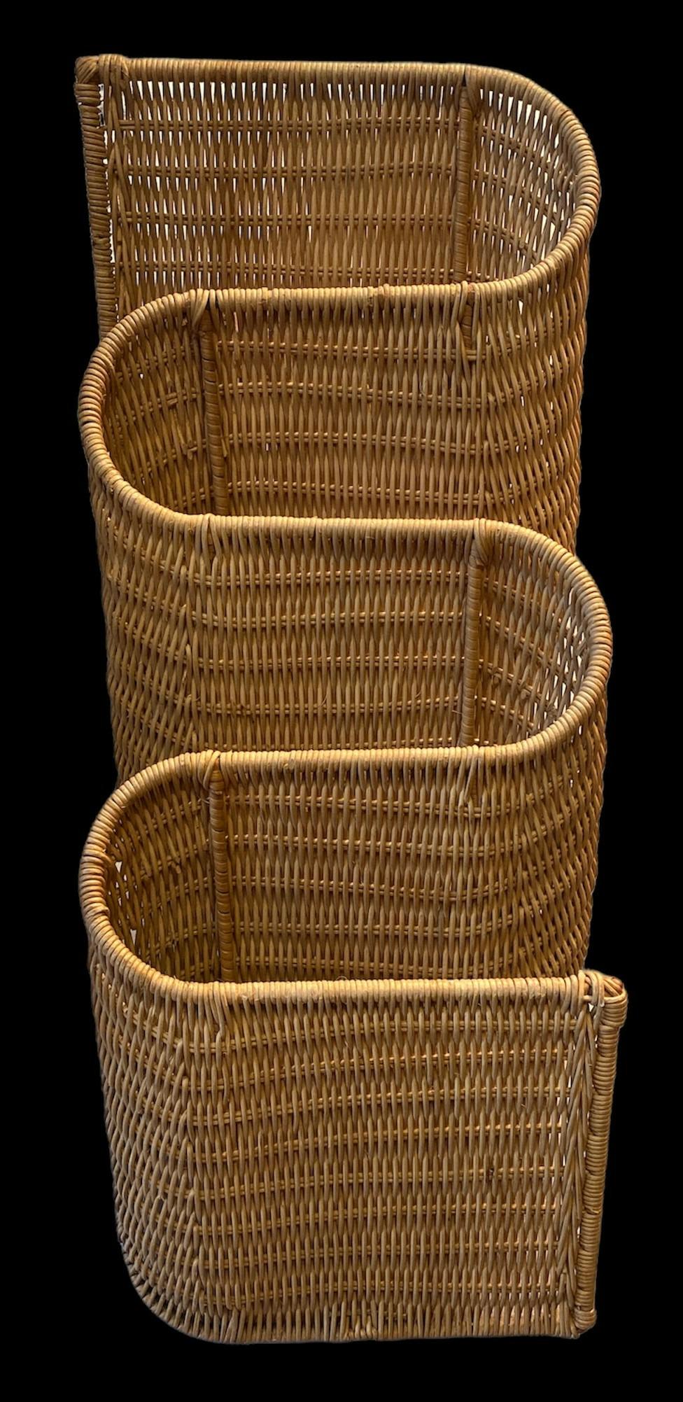 French Mid Century Abstract Wicker Wall Sculpture: 29 in H x 12 in W x 17 in D