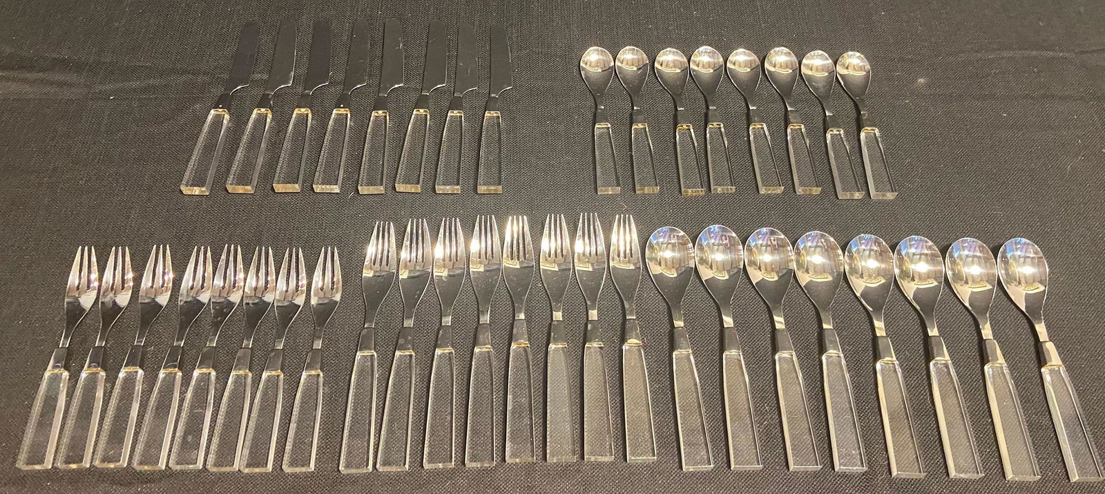 Mid Century SUPREME CUTLERY Lucite Flatware Set 40 pcs.: service for eight, 40 total pieces. mostly measure 7-8in long