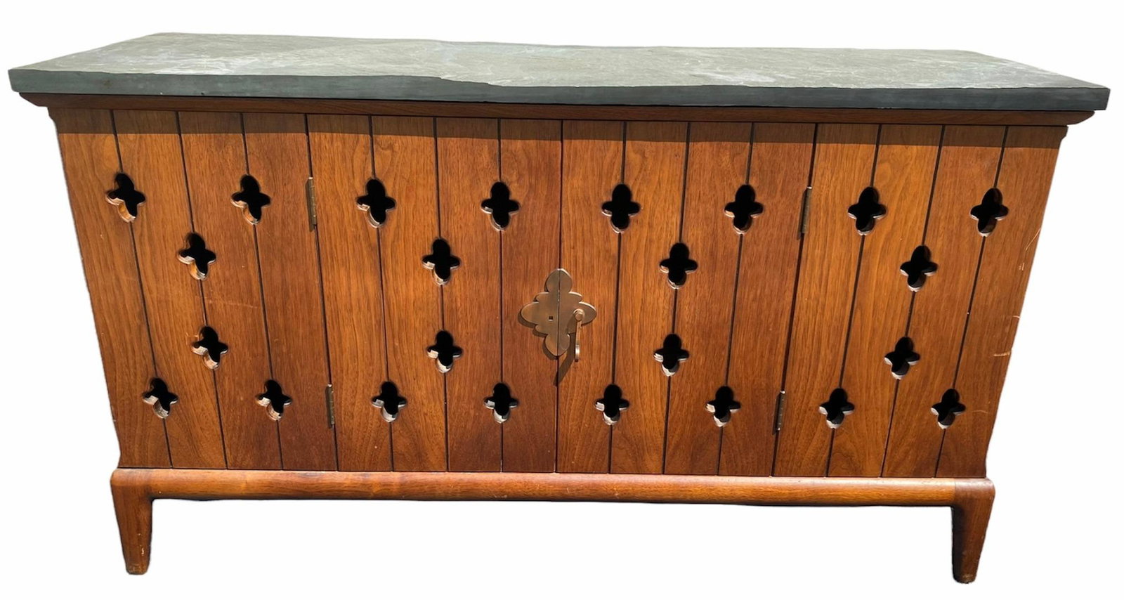 Mid Century Slate Top Low Console: 45 in L x 25 in H x 15 in D