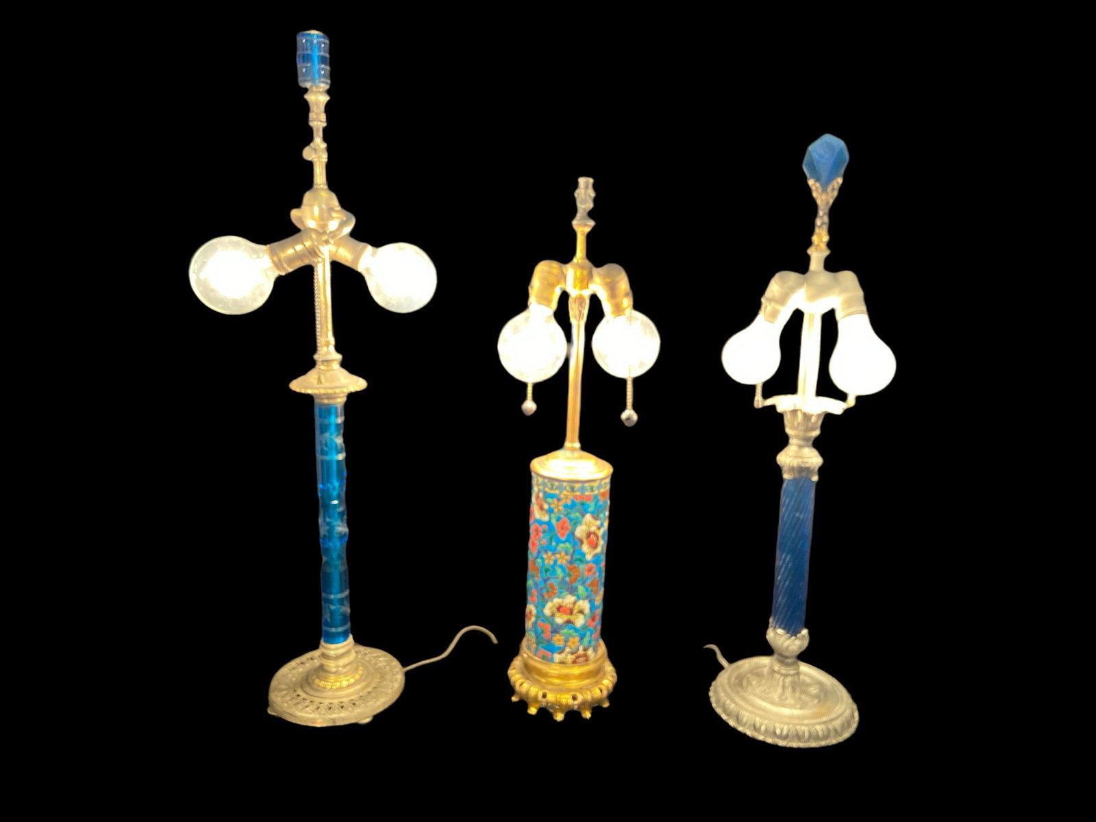 Collection LONGWY French Enamel & Blue Glass Lamps: tallest lamp is 31in , all original cords that we recommend replacing