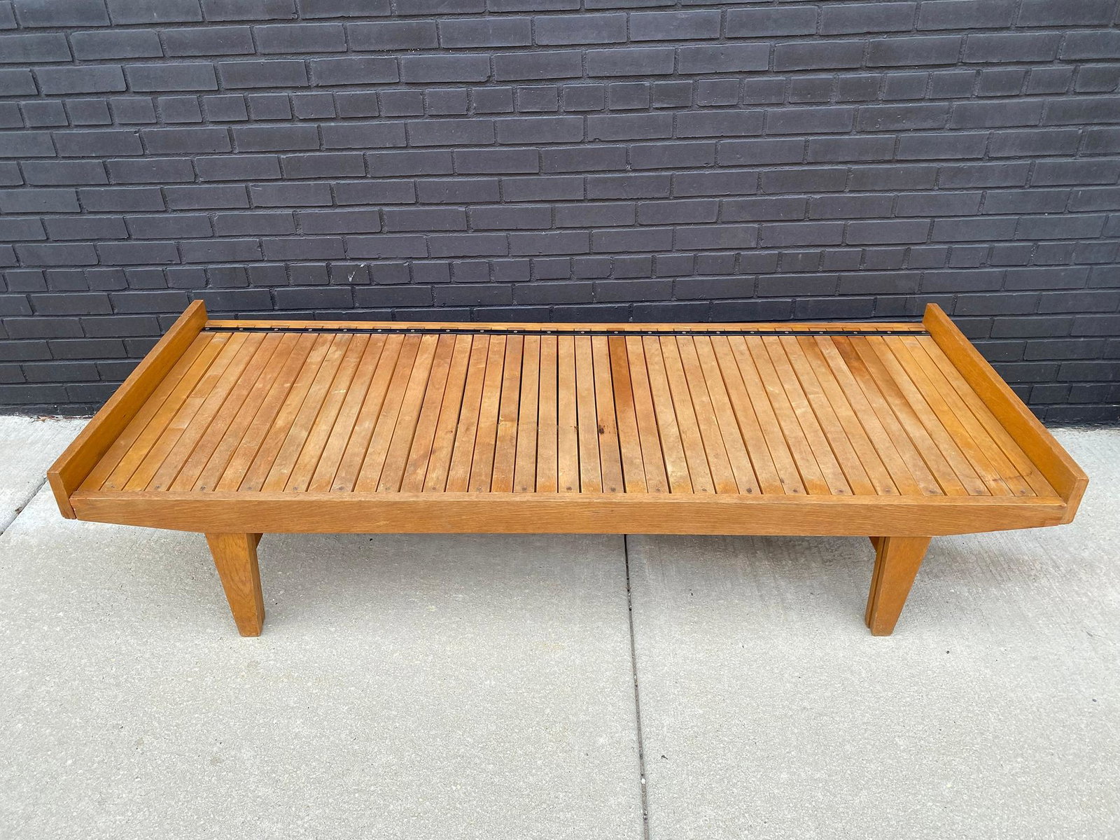 Danish Modern Daybed: 16in H. Overall length 75in. Length of mattress 73in. 29.5in W when closed x 55.5in W when opened