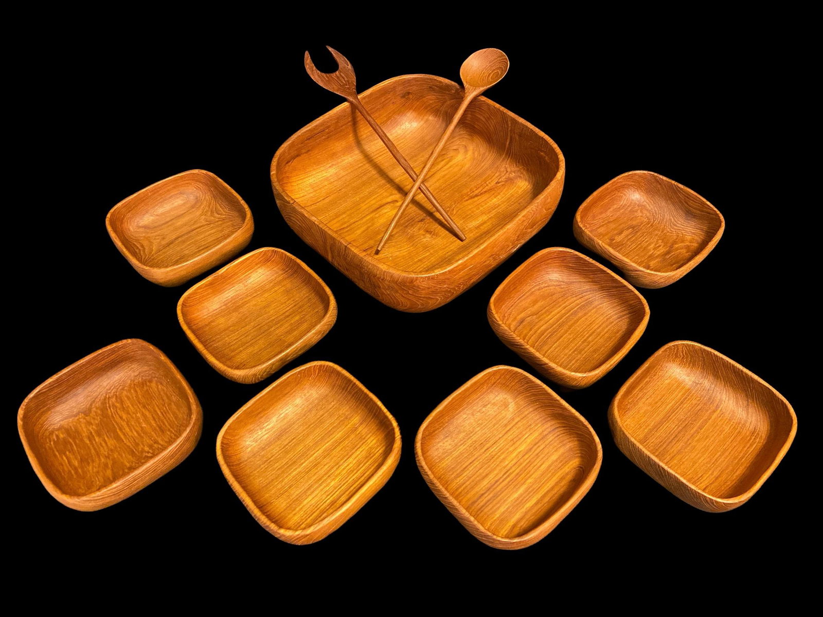 Dansk Style Danish Modern Wood Salad Bowl Set: all assorted , box is 11.5 in long, 2.5 in h 4.25 in deep, some surface dirt and slight age on the box and hankies have bee used