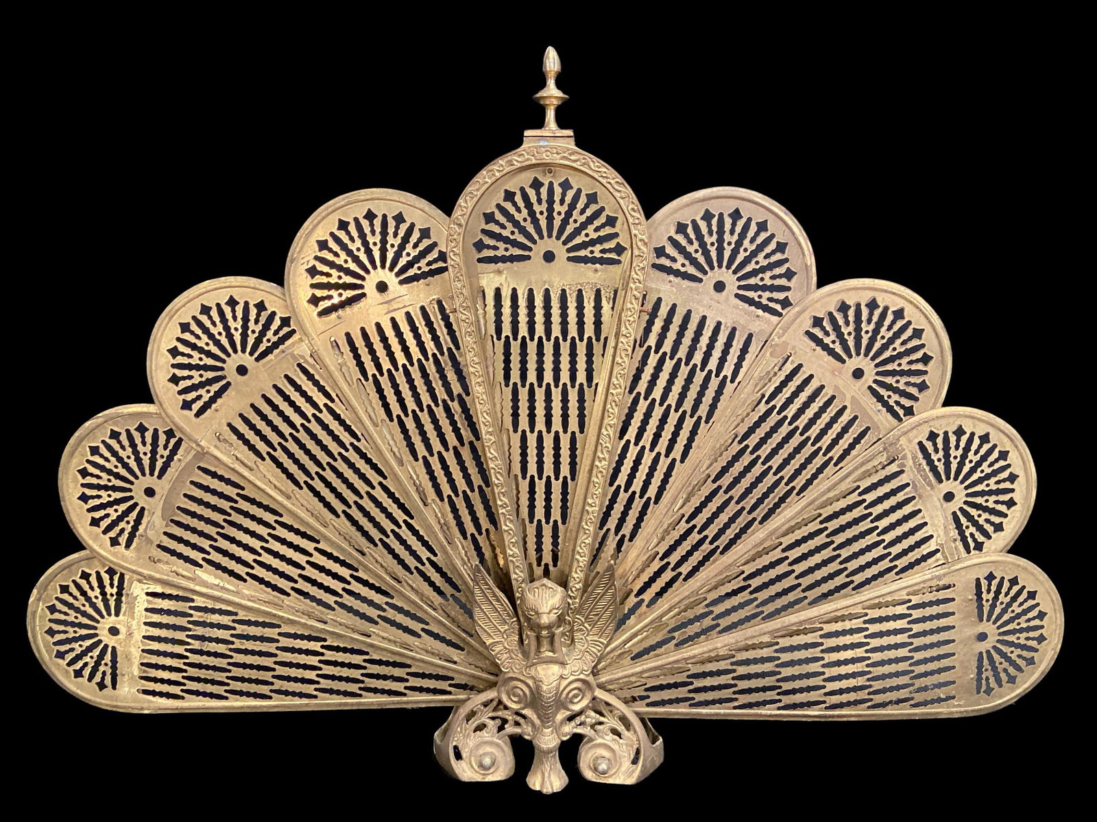 Old Brass Peacock Fireplace Screen w Griffin: 24.5 in H x 37in W open , base and closed is 8.5 , 4.5 in D