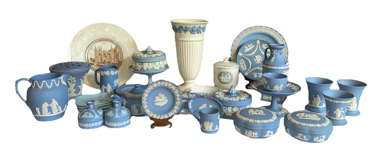 Collection 38 Jasperware WEDGWOOD White, Blue: largest piece measures 11 in H x 6.25 in DIA, smallest measures 2.25 in H x 2 in DIA