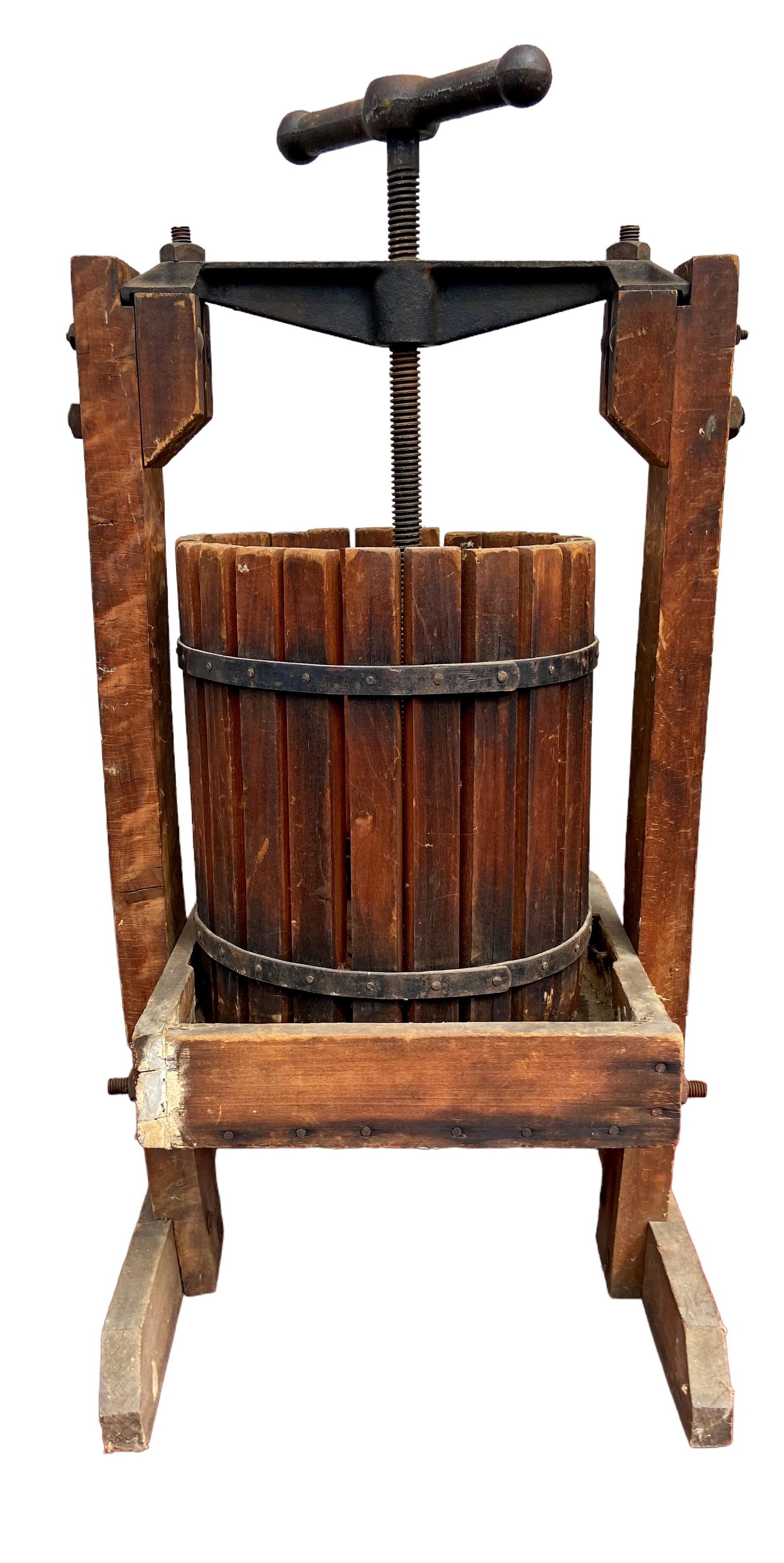 Cast Iron and Wood Grape Wine Press: 31 in H x 15 in L x 14.5 in D