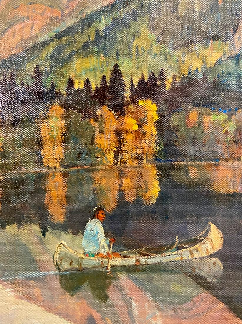 Oil on Canvas SHERYL BODILY Salish Native American in Canoe Kinnerly Peak: Canvas 23.5 x in H x 17.5 in W in Frame 26.75 in H x 20.75 in W, artwork setting Kinnerly Peak
