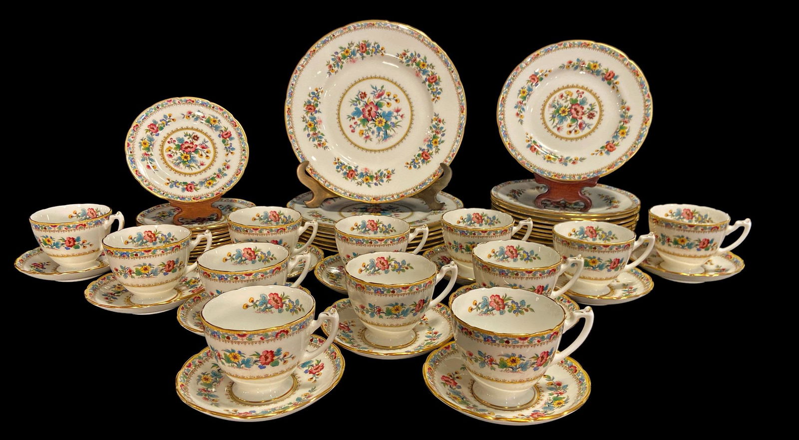 Collection COALPORT Ming Rose Dinnerware: includes 12 teacups measuring 3 in H x 3.5 in DIA and saucers 5.5 in DIA , 12 bread plates 6.25 in DIA, 12 salad plates 8.25 in DIA, 7 dinner plates measuring 10.75 in DIA