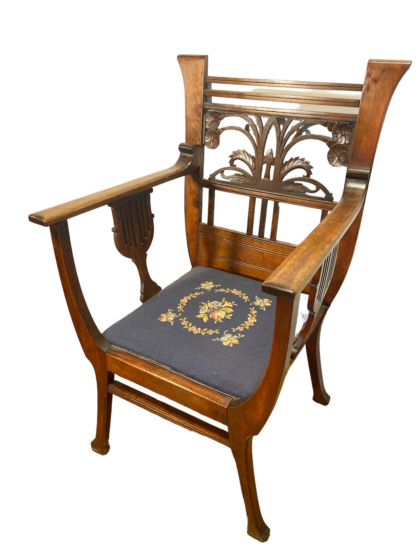 Edwardian Carved Throne Chair: 39.5 in H to back x 17 in H to seat x 22.75 in W x 22.75 in D