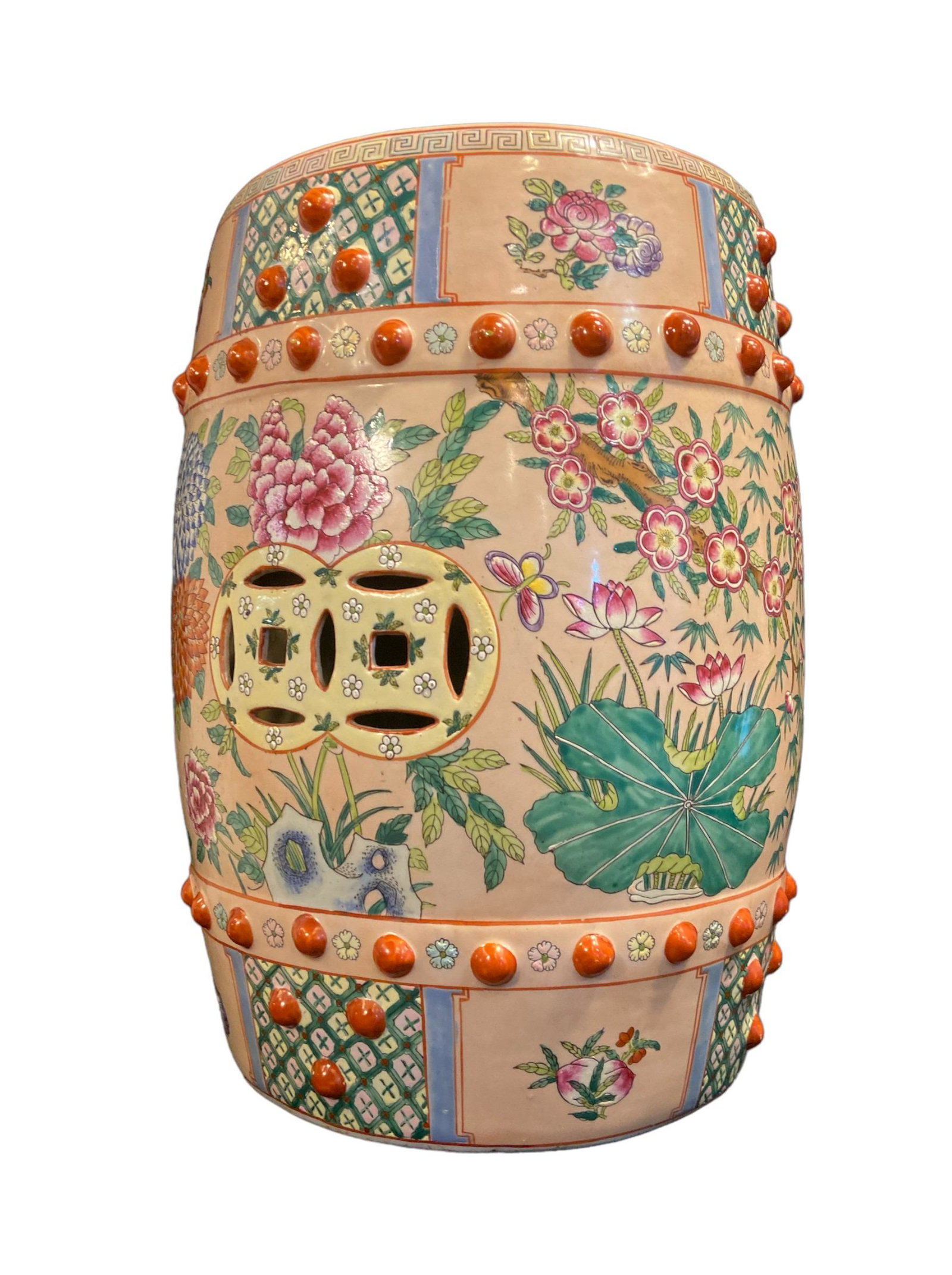 Floral Motif Chinese Porcelain Garden Stool: 18.5 in H x 12 in DIA at the top