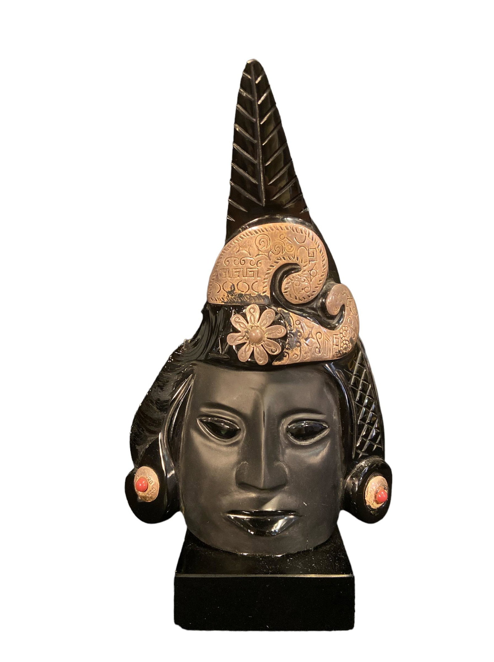 Black Onyx, Obsidian, Sterling Silver & Red Turquoise Aztec Mayan Figural Statue (1 of 5)