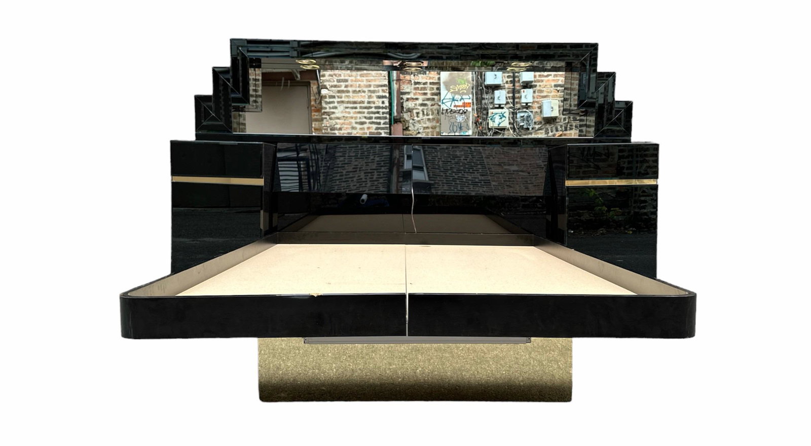 Black Ello Style Bedroom Set: Bed frame measures 75 in x 54 in x 13.5 in H; overall bed set up measures 89 in D x 96 in W x 55 in H