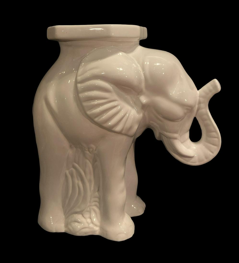 White Ceramic Elephant Garden Stool: 18.5 in H x 9.5 in W x 16 in D