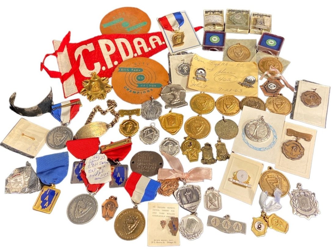 Collection Archery Medals & Sterling Silver & Gold Bracelet: includes variety of pins, flags, awards