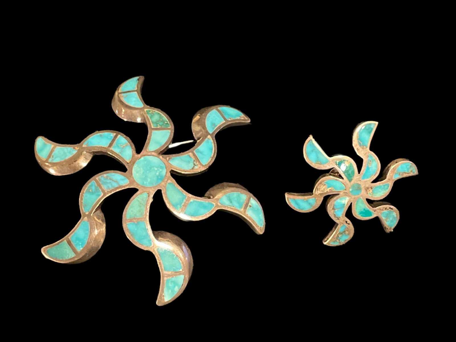 ZUNI Attr Sterling Silver Pinwheel Pin Brooch and Earring (1 of 5)