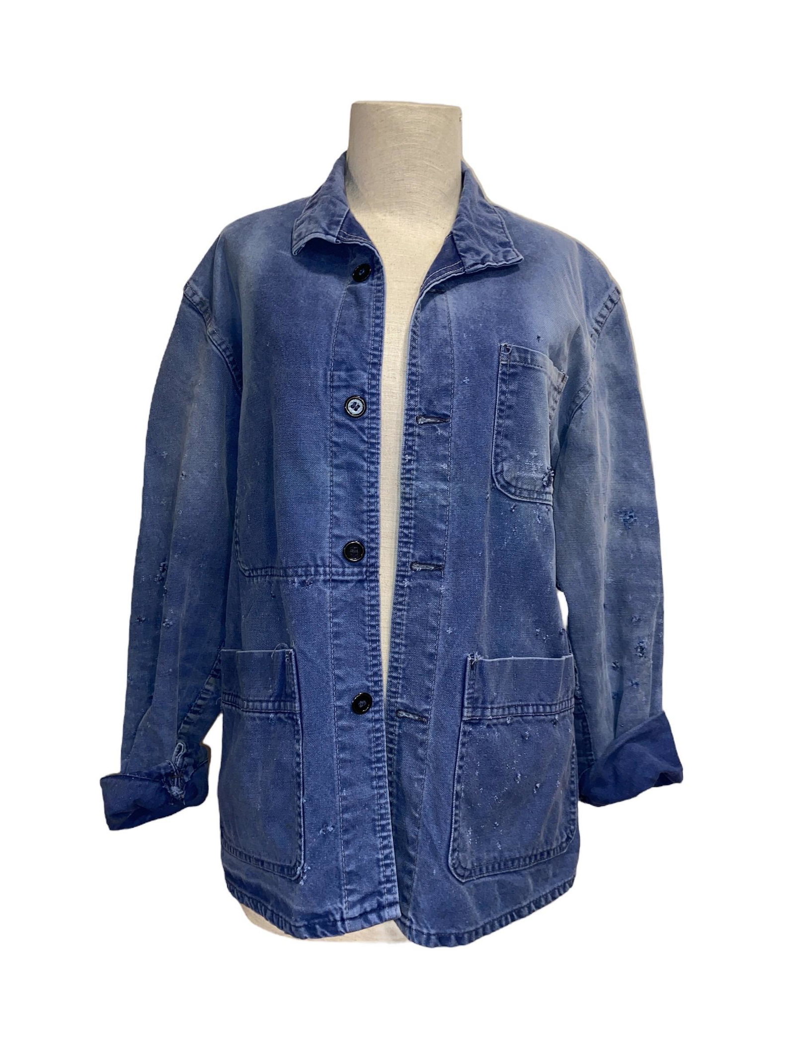 Vintage French Workman's Chore Jacket: jacket is unlabeled; 27 in L from top of shoulder to bottom of jacket, 17 in W across chest, 25 in L sleeve length