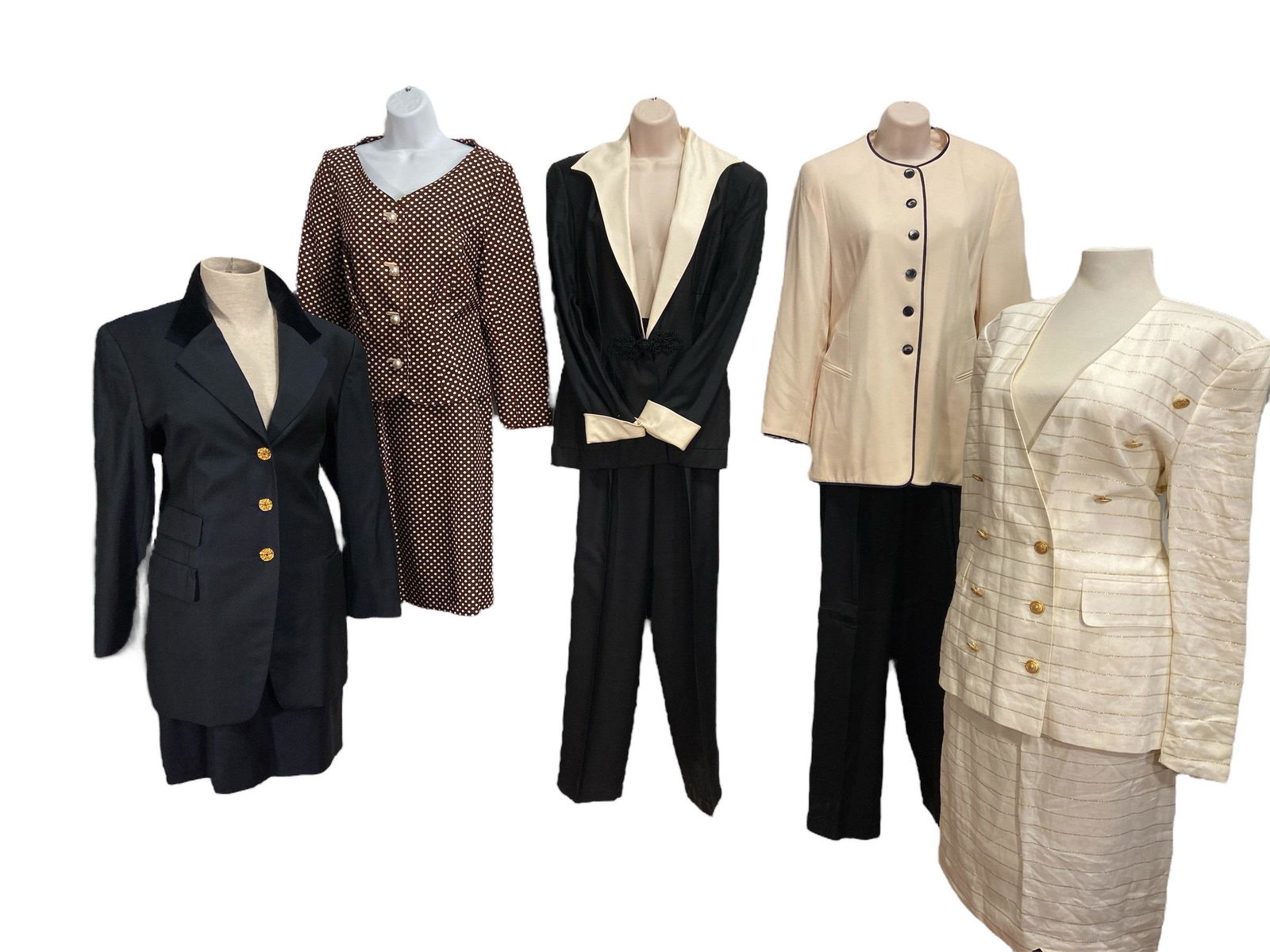 Collection Mostly ESCADA, Some NEIMAN MARCUS Women's Pant and Skirt Suits: Escada Navy and Gold Buttons is a size 40; polka dot skirt set did not have label or tag size; Neiman Marcus Pant suit is size 10 in bottoms and top; Escada gold and white skirt suit is a size 38; Esc