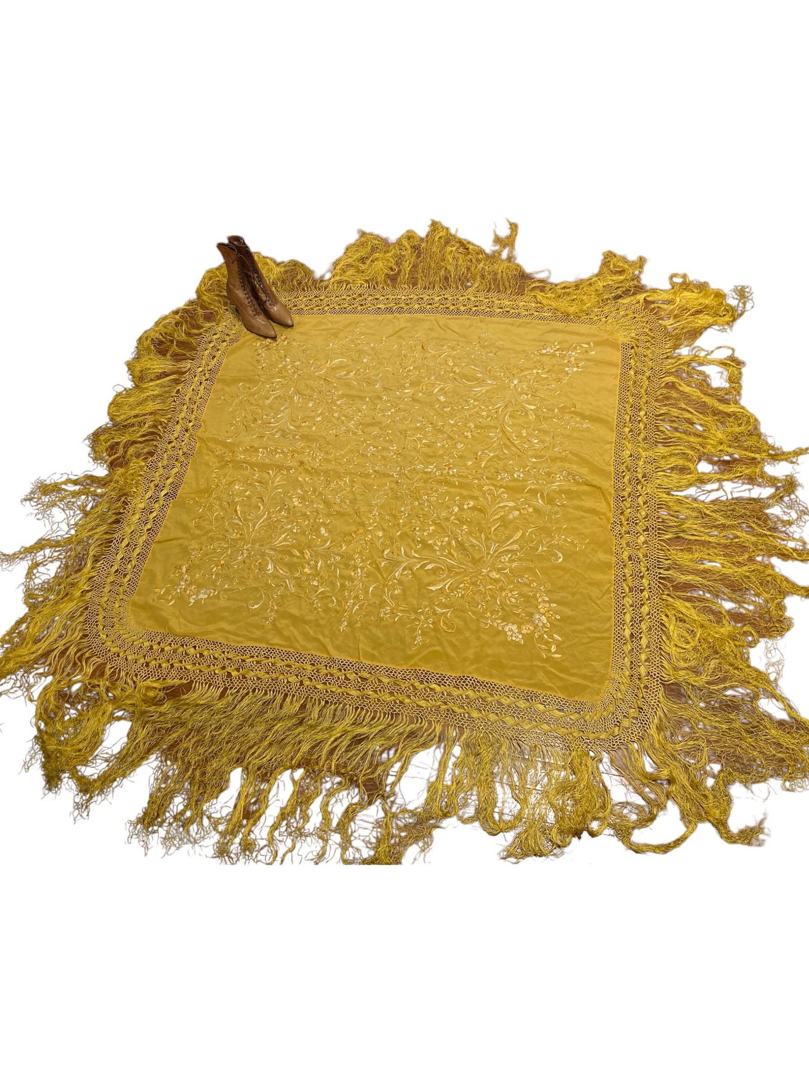 Victorian Piano Shawl and Lace Up High Leather Boots: 53.25 in x 53.25 in not including fringe, fringe is approx 14.5 in L; boots measure 10.5 in H x 9.5 in L