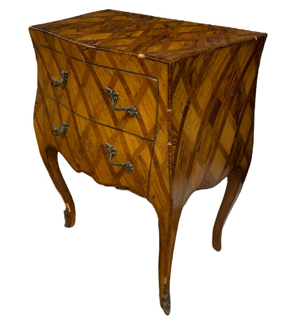 Italian Walnut Louis XV Marquetry Bombe Chest Commode Nightstand (1 of 11)