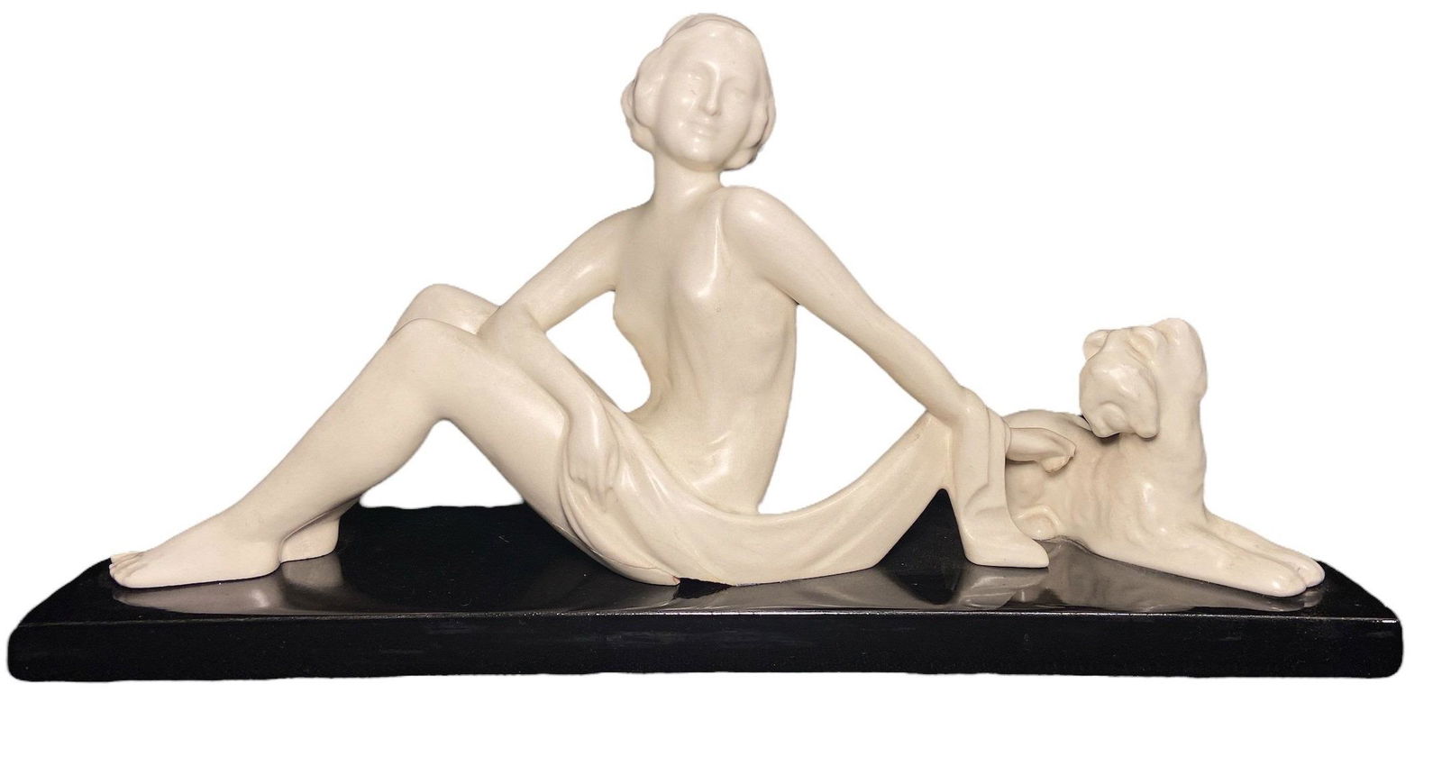 French Art Deco Lady & Scottie Dog Mantle Sculpture Statue: 10in H x 20in W x 5.75in D at base
