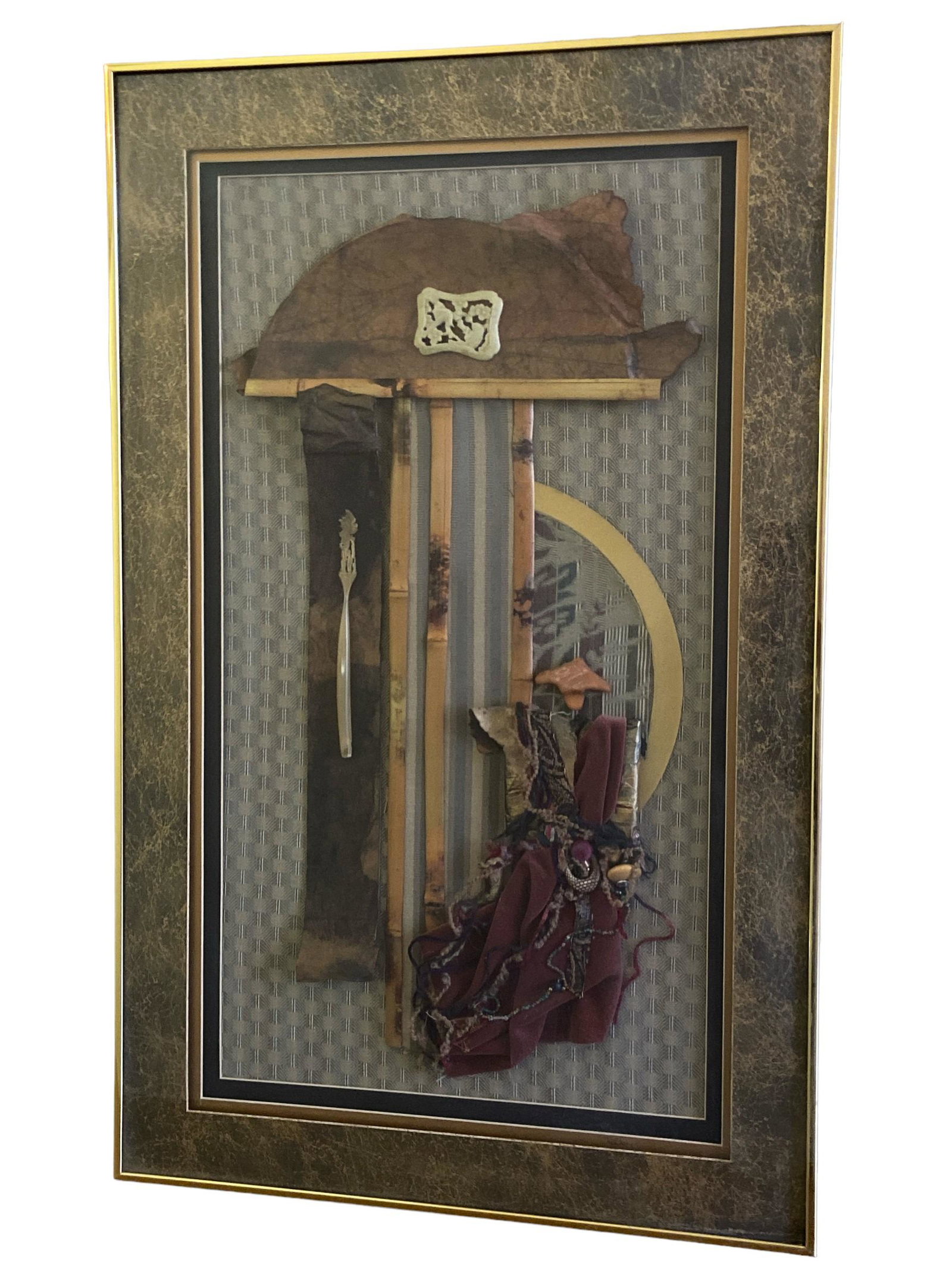 Chinese Mixed Media Bamboo Textile Jadeite Shadow Box (1 of 4)