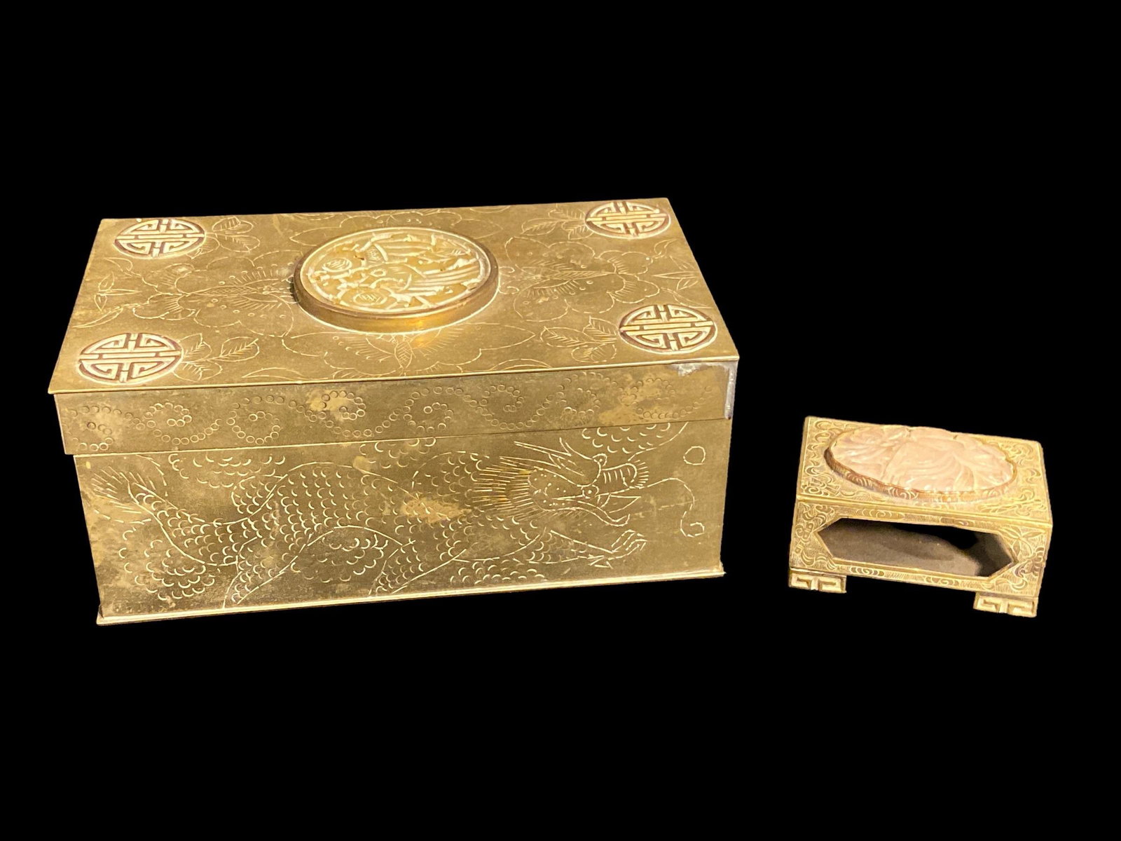 Early 20th C Chinese Box & Match Box Holder: lidded box is 2.5in H x 6in W x 3.5 in D , matchbox is 1in H x 2.25in W