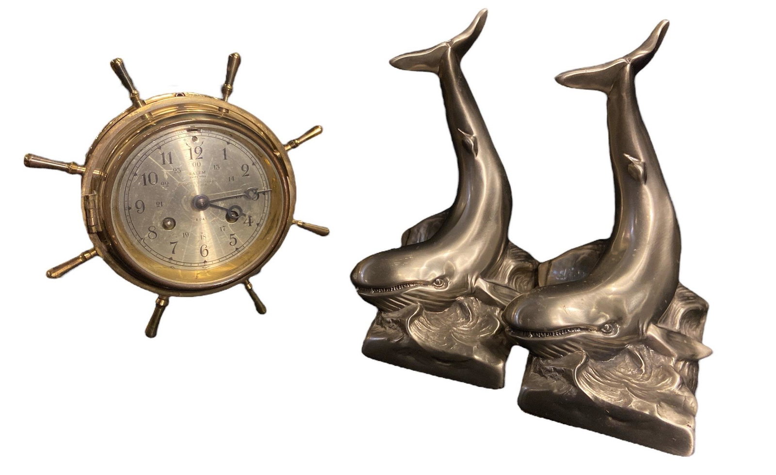 Vintage BROOKS BROTHERS Ship's Wheel Clock and Whale Bookends: bookends are 7in H x 4 in W x 3.75 in