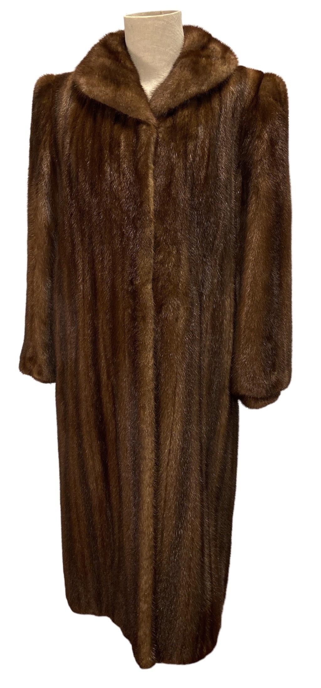 Classic 1980s Full Length Mink Fur Coat: Length is 45", Chest is 42", Waist is 42", Sleeve length is 24"