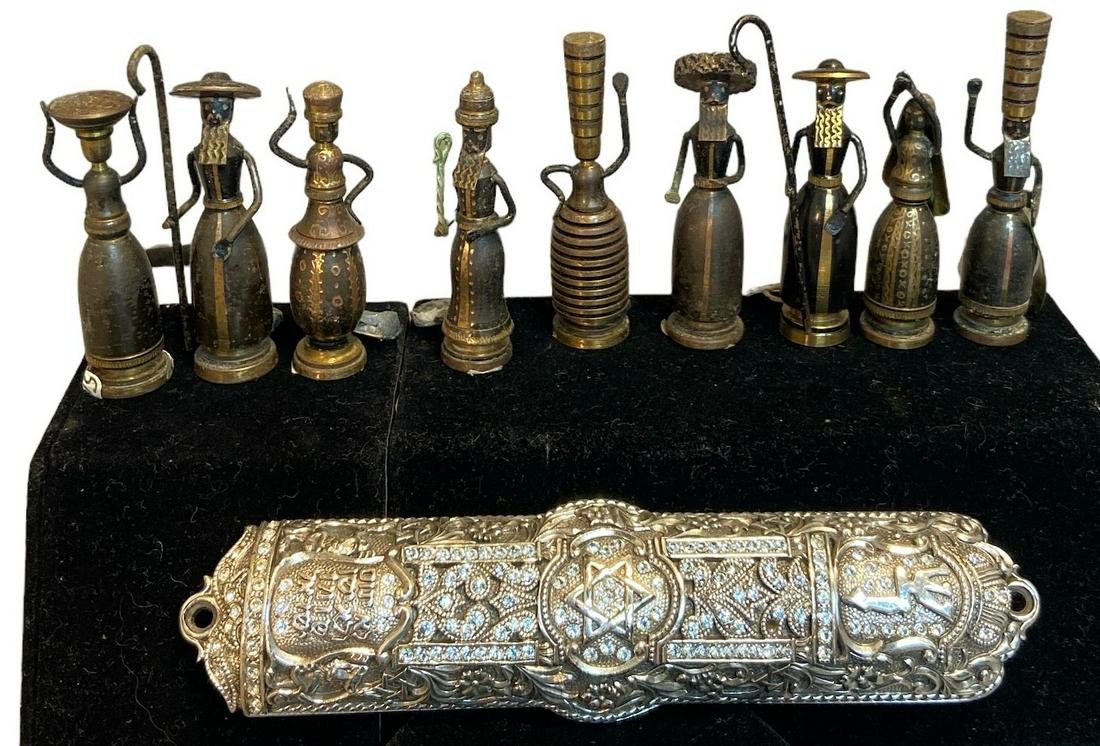 Jewish Mezuzah and HANS TEPPICH Bronze Bible Figures: Mezuzah is Signed Edgar and 7776-14923; measures 5.25" L x 2.5" W Includes 9 Bible Figure; some labeled and some with original tags some have moving pieces and each measure approx. 2.5 " H