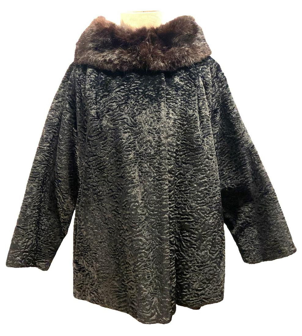 1950s Astrakhan Lamb and Brown Mink Collar Fur Coat (1 of 4)