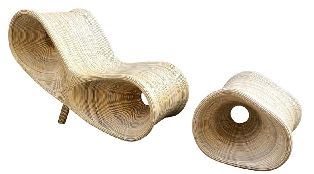GABRIELLE CRESPI Style Rattan Lounge Chair and Ottoman (1 of 7)