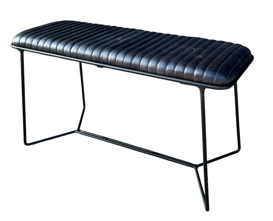 Black Leather Car Seat Style Hairpin Leg Bench: 20in H x 35 in W x 16 in D