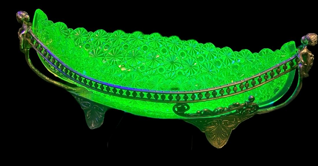 Unique FENTON Uranium Vaseline Glass Button and Bows Canoe in Silverplate Stand (1 of 9)