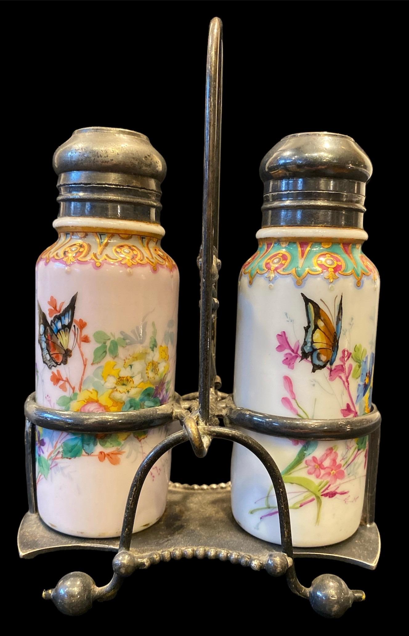 Exceptional 19th C Hand Painted Milk Glass Condiment Set (1 of 6)
