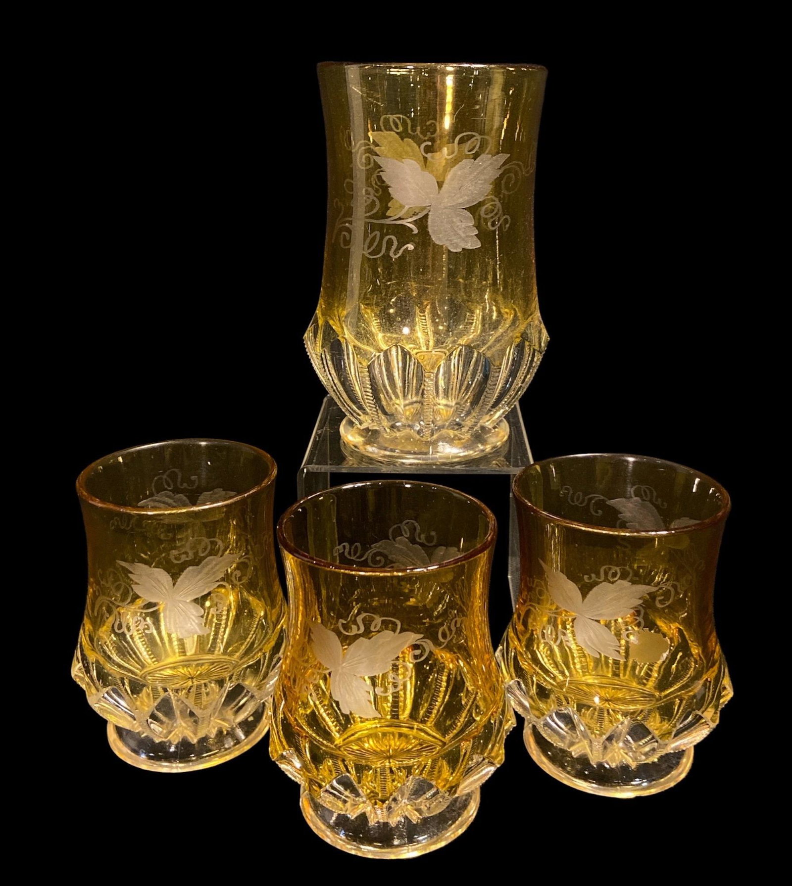 EAPG DUNCAN & SONS Zipper Slash Amber Stain Etched Spooner Set: Larger piece measures 6.5" H x 3.75" DIA