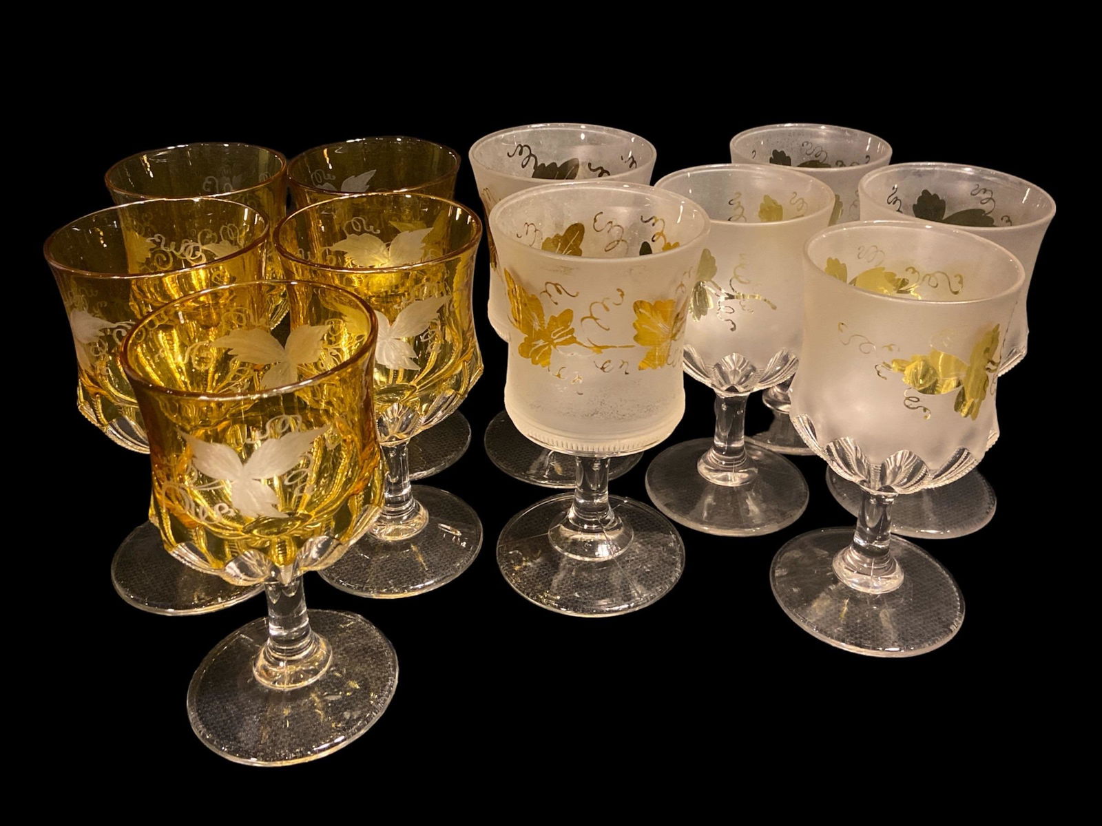 EAPG DUNCAN & SONS Zipper Slash Amber Etched Water Goblets (1 of 5)